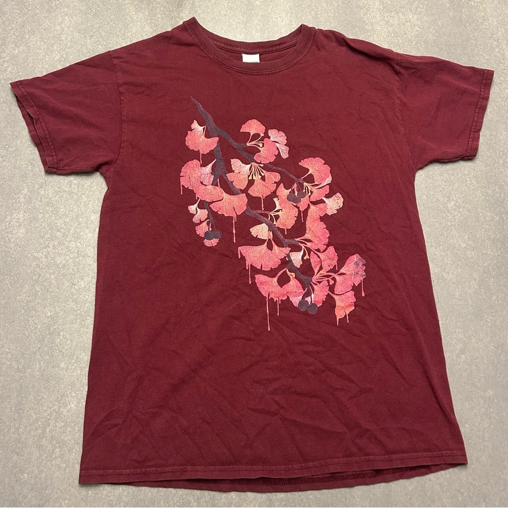 Gildan Maroon Graphic Tee with Pink Floral Pattern